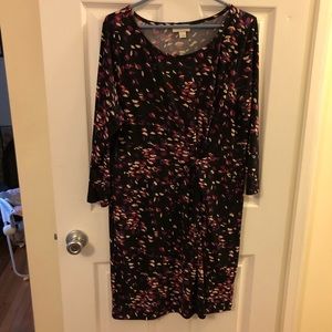 Purple patterned LOFT dress with cinch detailing